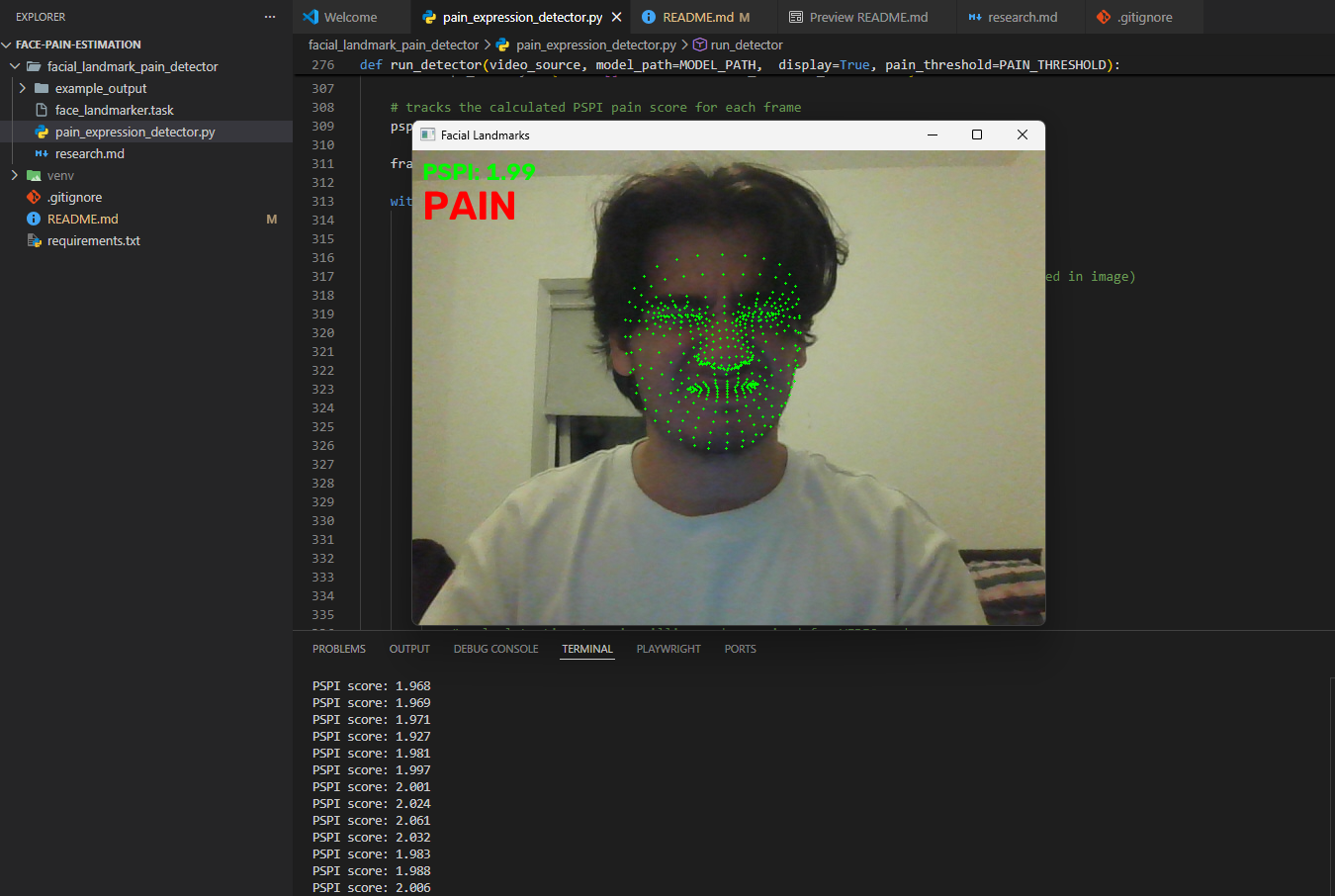 Screenshot of the Face Pain Detector App