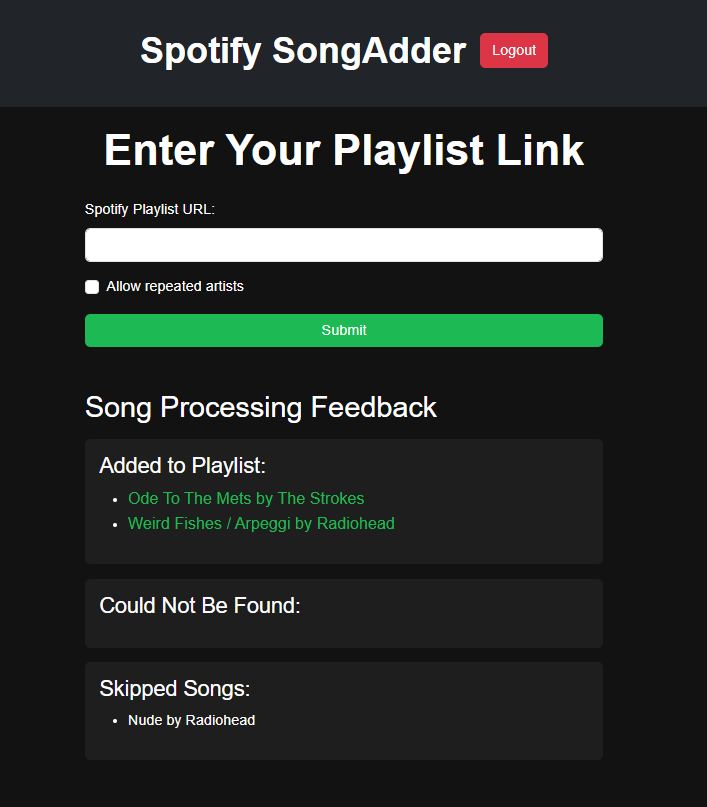Screenshot of the Spotify SongAdder App